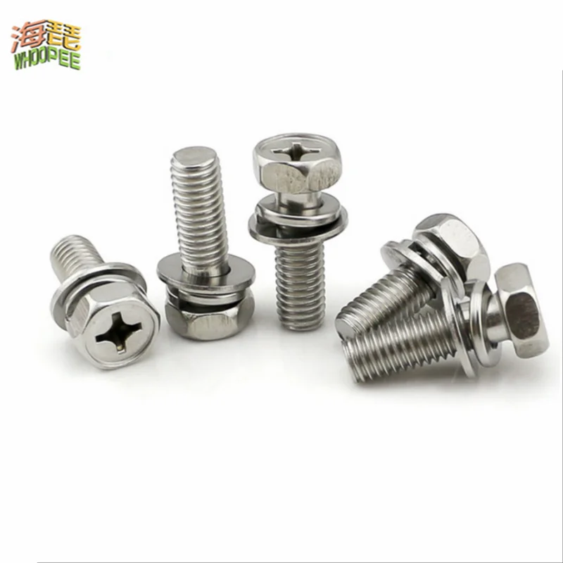 5/50pc M3 M4 M5 M6 M8 Stainless Steel Cross Phillips External Hex Hexagon Head SEM Screw Flat Washer Spring Gasket Assemble Bolt cross phillips screw