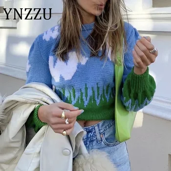 

YNZZU Childlike Blue Sky and Cloudes Sweater Women 2020 Autumn Winter Chic Lantern Sleeve Female Knitted Pullovers Jumper AT639