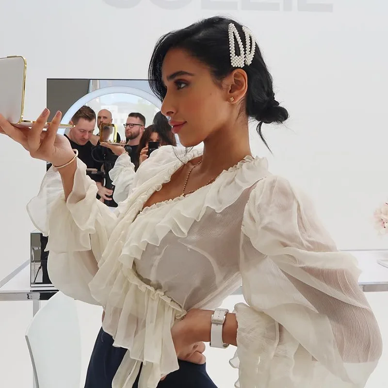 

Jeseca Sexy V-neck Lantern Sleeve Women Blouses Female Fashion Top Shirts Ladies Elegant Ruffles Chiffon Shirt 2019 Autumn New