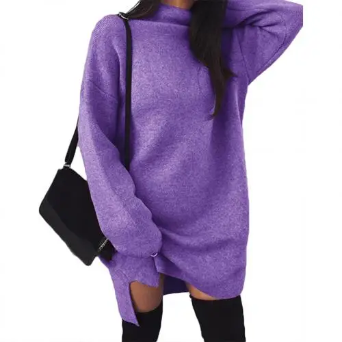 Модный осенне-зимний теплый вязаный пуловер, женский свитер с длинным рукавом и воротником-стойкой, теплый вязаный свитер-платье - Цвет: Фиолетовый