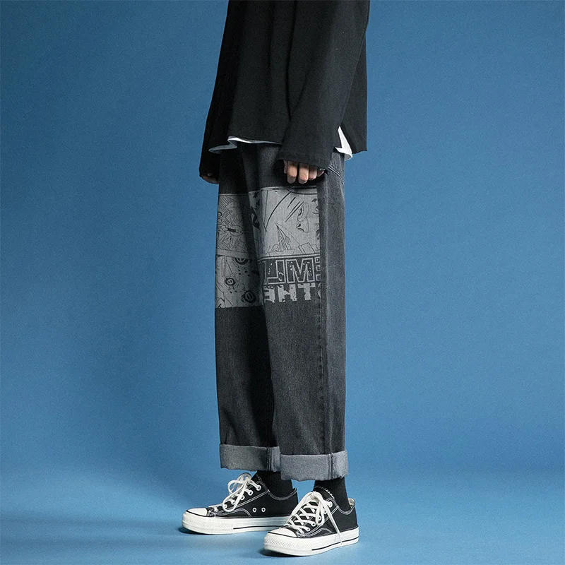 2020 new ins jeans men's trend handsome versatile straight loose wide leg pants waist pants streetwear cheap clothes china