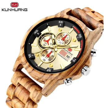 

Natural Fashion Wooden Men Quartz Watch 3 Sub Dial Calendar Stopwatch Luminous Zebra Crossing Woody Strap Bangle For Male Clock