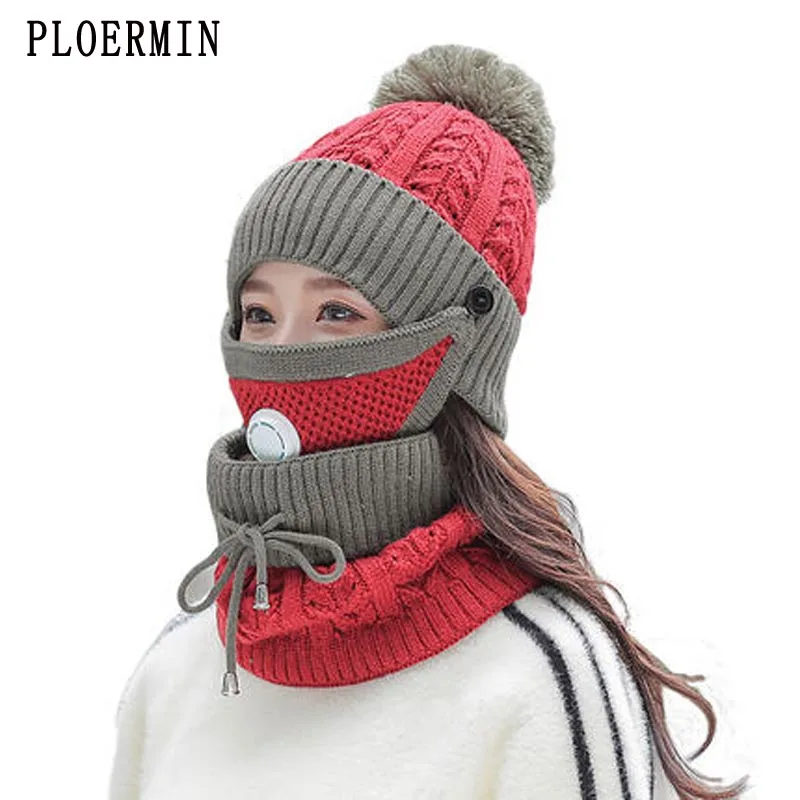 

2019 New 3 Pieces Set Women's Knitted Hat Scarf Caps Neck Warmer Winter Hat For Ladies Girls Skullies Beanies Warm Fleece Caps