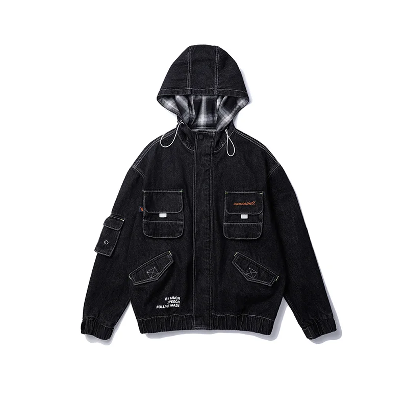 Harajuku Streetwear Washed Hooded Denim Coat Male Hip Hop Jean Jacket Hole Oversize Original Windbreaker Men's Winter Jacket