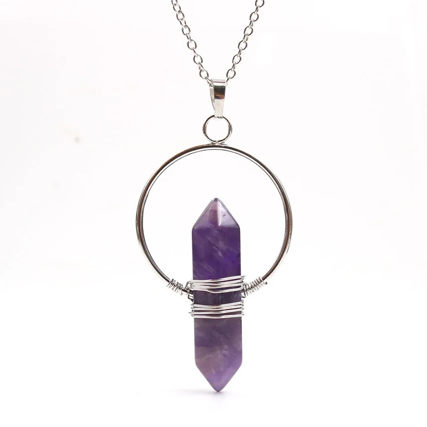 FYJS Unique Silver Plated Circle Wire Wrap Amethysts Hexagon Column Pendant Link Chain Necklace Opalite Opal Jewelry | Украшения и