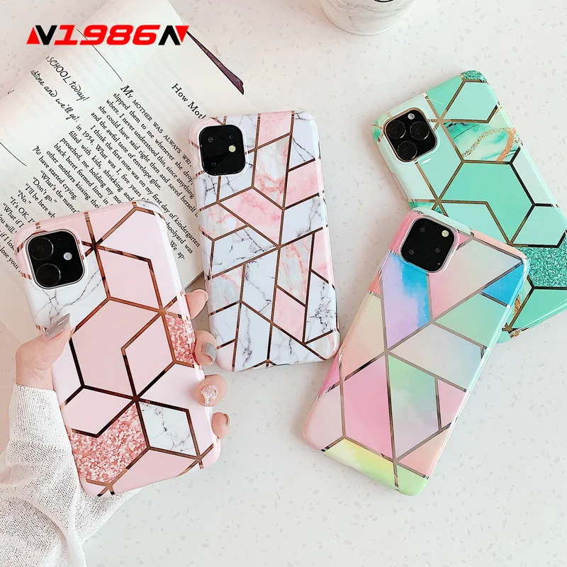 LACK Luxury Plating Line Geometric Marble Phone Case For iPhone 11 11Pro Max X XS Max XR 6 6S 7 8Plus Colorful Texture Cover