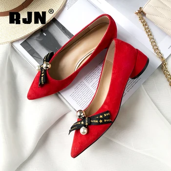 

RJN Autumn New Women's Shoes Simple Fashion Pointed Pearl Elegant Bow Kid Suede Women's Pumps Comfortable low-heel shoes RO63