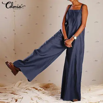 

Celmia 2020 Summer Jumpsuits Vintage Women Long Spaghetti Straps Sexy Rompers Casual Loose Solid Wide Leg Pant Pantalon Overalls