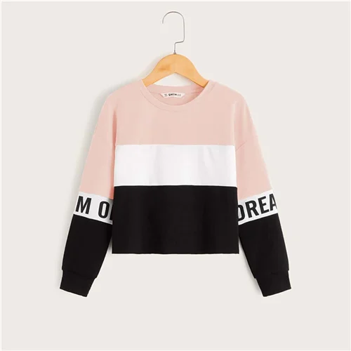 Multicolor SHEIN/Детская разноцветная толстовка с буквенным принтом для девочек детские топы г. Осенние повседневные пуловеры с длинными рукавами и цветными блоками - Цвет: Multicolor