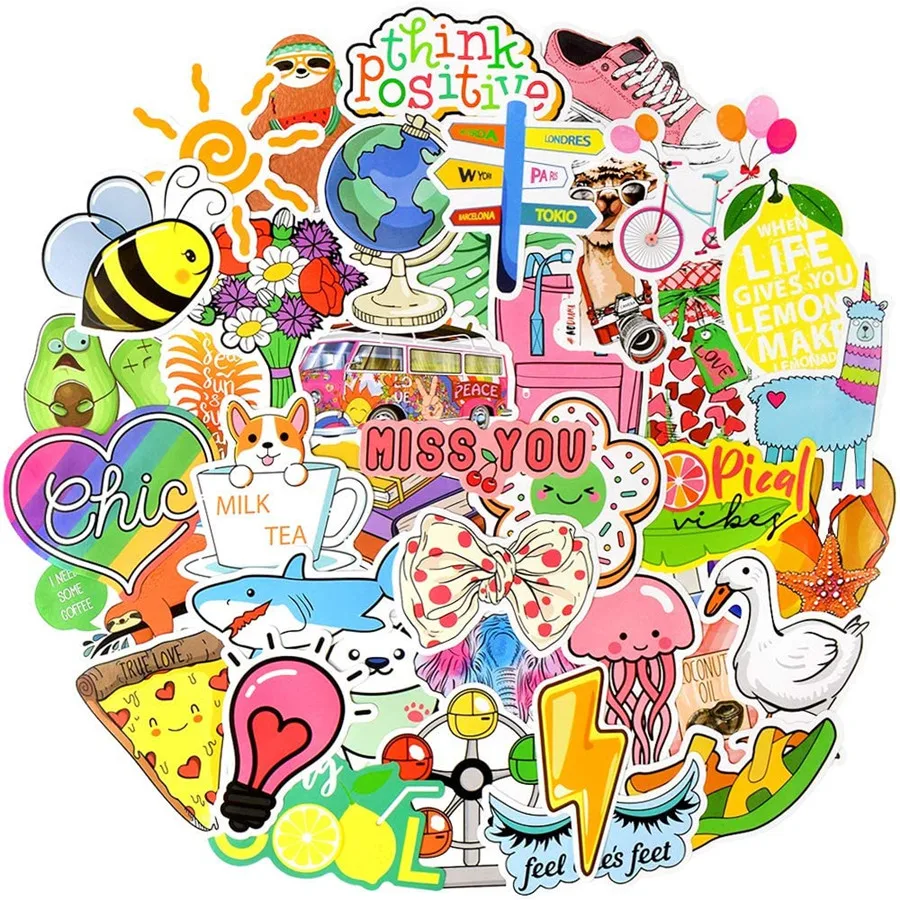 50 PCS Waterproof Vinyl Vsco Girl Sticker Kawaii Cartoon Stickers for Scrapbook Water Bottle Laptop Luggage Fridge Phone Car