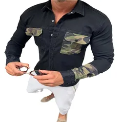 Camisa de brim masculina de manga comprida nova camisa de manga comprida de manga comprida masculina