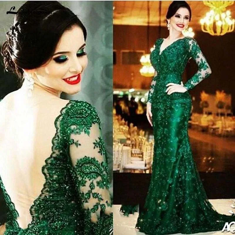 Mother Bride Dresses New Emerald Green Lace Mermaid Mother of the Bride Dresses with Long Sleeve See Through Back Beaded Wedding Guest Gowns