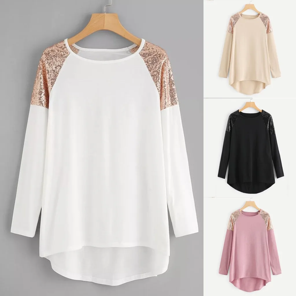 

2019 New Plus Size Top Autumn Winter Fashion O-Neck Long Sleeve Contrast Sequin Patchwork Top Tee 9.12