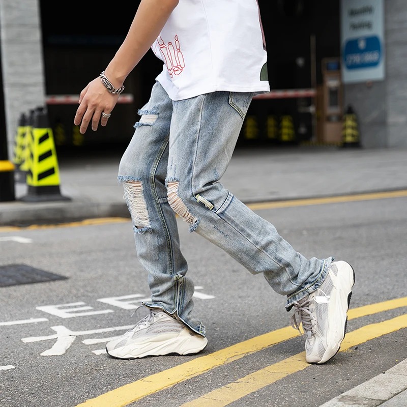 Zip Robek Tertekan Jeans Denim Kabut 