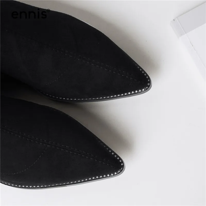 ENNIS/узкие эластичные сапоги до колена из флока; женские сапоги до бедра; сапоги с острым носком на прозрачном каблуке; Черная осенне-зимняя обувь; L928