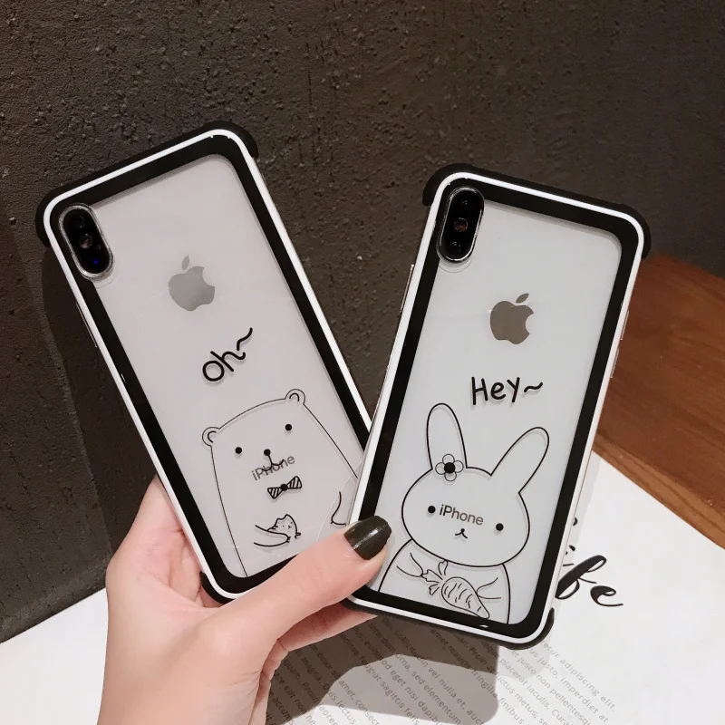 

iPhone XR 11 Pro XS Max X Deluxe Transparent Anime Bunny Bear Protective Case for iPhone 7 8 Plus 7Plus Couple Protective Case