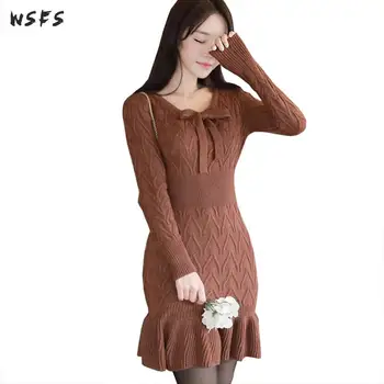 

Autumn Dress Kintted Bodycon Bandage Womens Dresses Slim Elegant Clothes Sexy Party Ruffles Sweater Lady Mini Wrap Mermaid Dress