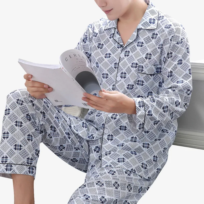 Мужской пижамный комплект из 2 предметов, летняя тонкая трикотажная ночная рубашка, мужской сексуальный мягкий кардиган на пуговицах с длинным рукавом, клетчатый пижамный комплект, одежда для сна - Цвет: A 7