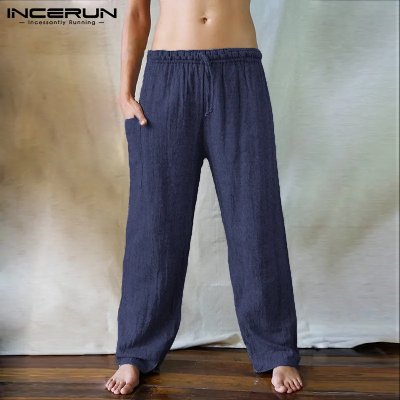 

2019 Men Wide Leg Pants Solid Vintage Joggers Elastic Waist Pockets Streetwear Trousers Men Loose Workout Sweatpants INCERUN 5XL
