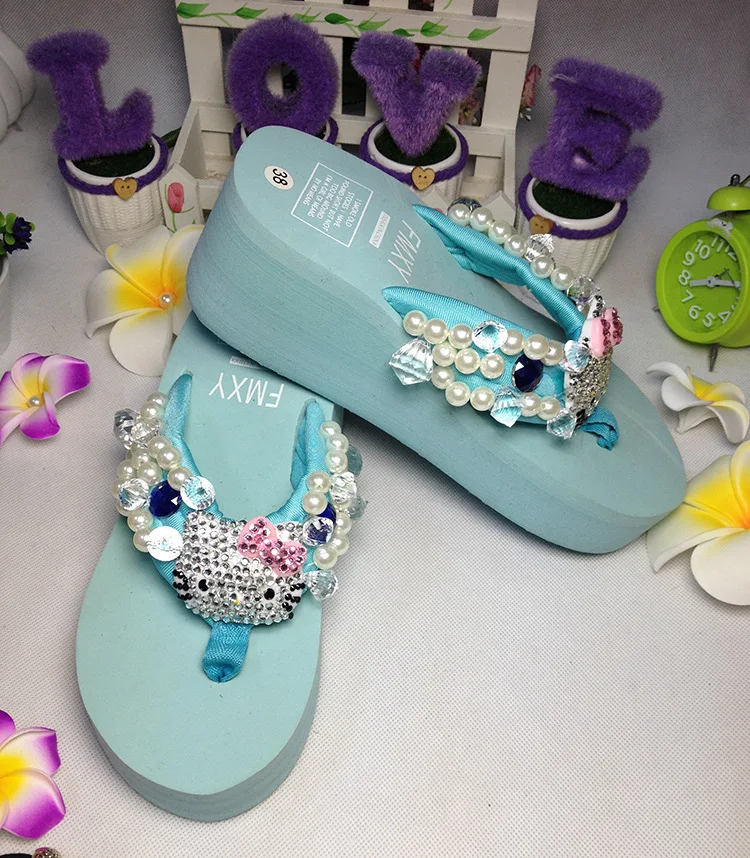 Leisure Shoes Online Lady Sewing Pearl Womens Beach Slippers Fashion High Heel Platform Wedge Flip Flops66
