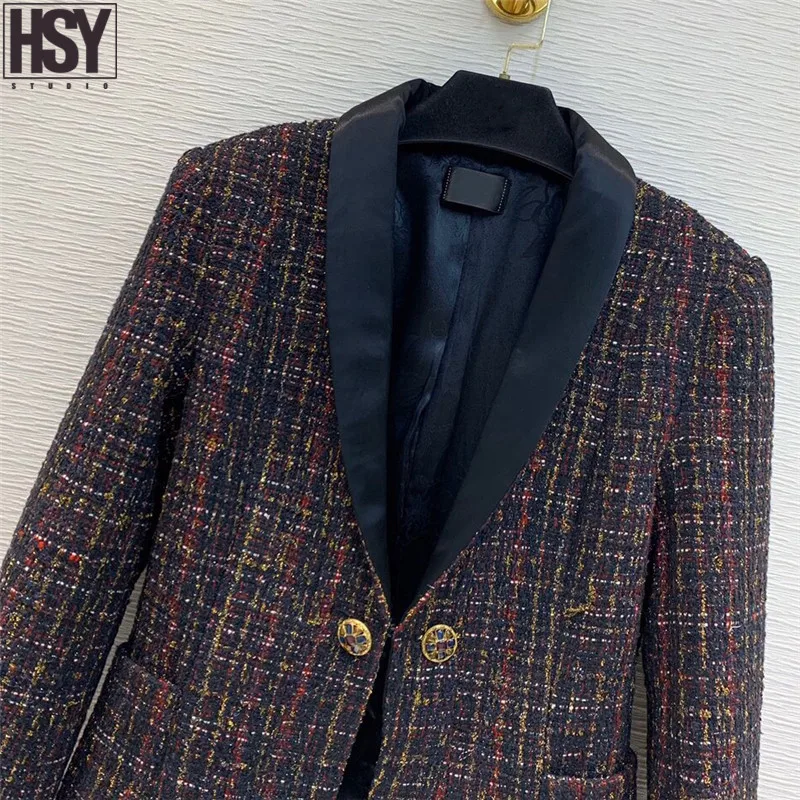 【HSY】2019 Осень Новый женский костюм куртка ацетат лацканы сшивание одна кнопка черный золотой твид Camellia подкладка блейзер