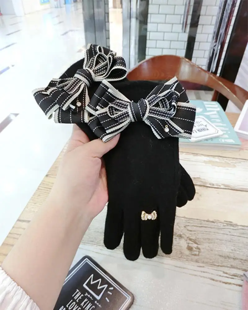 Striped Bow Cashmere Gloves Korean Ladies Winter Gloves Fashion Cute Touch Screen Five Finger Cashmere Warm Women A431 cashmere women gloves