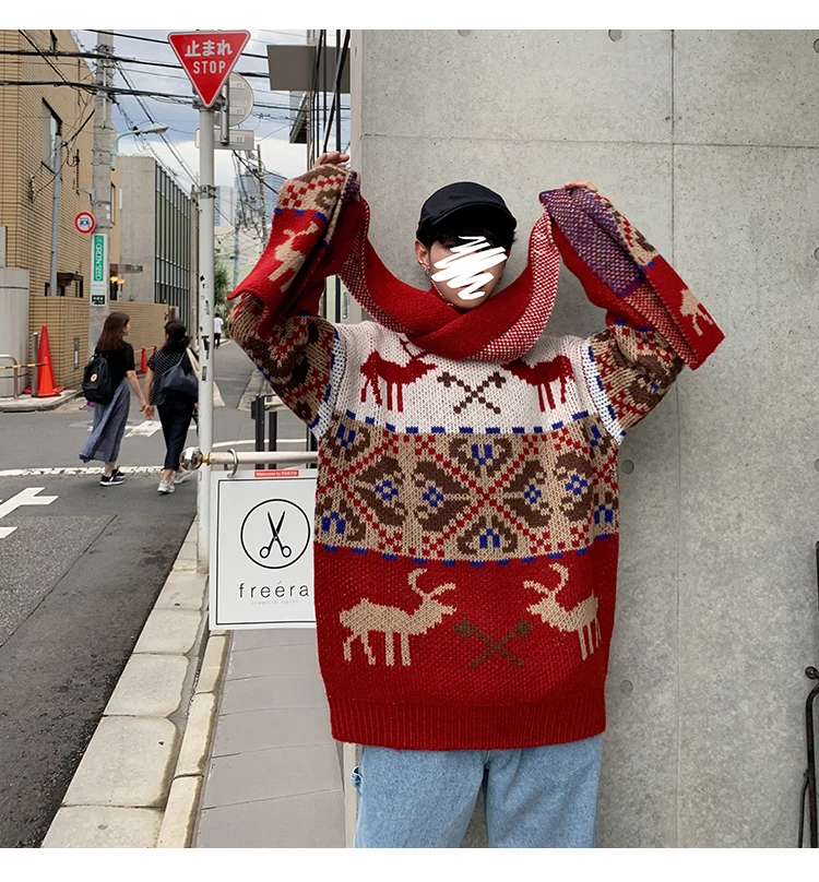 Мужской толстый свободный свитер в этническом стиле с рисунками из мультфильмов, пальто для отправки шарфов, модный Повседневный свитер, сохраняющий тепло, теплый свитер
