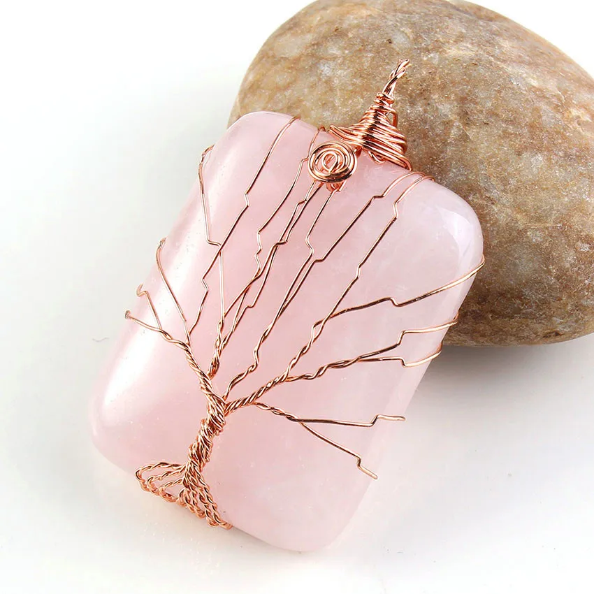 100-Unique 1 Pcs Rose Gold Color Wire Wrap Rectangle Shape Natural Pink Quartz Pendant Elegant Women Jewelry | Украшения и