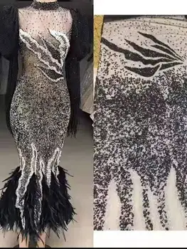 

newest fashion style black color nigerian net lace fabric with glued gilitter DIY women tulle lace for party dress