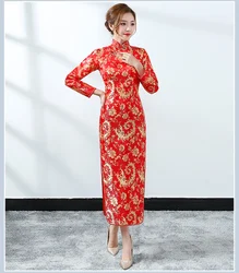 Red Chinese Bride Wedding Dress Sexy Women Satin Long Sleeve EVening Party  Dragon Phoenix Floral Qipao Formal Social Vestidos
