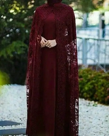 Picture Color Платья для матери невесты с длинным кружевным мысом с длинным рукавом бордовое мусульманское женское платье-Кафтан для свадебной вечеринки вечерние платья - Цвет: Picture Color