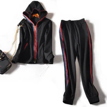Подиумная Женская мода хит цвет куртка с капюшоном передняя молния+ Боковые Полосатые брюки костюм Sim 2 шт комплект Новинка Осень черный