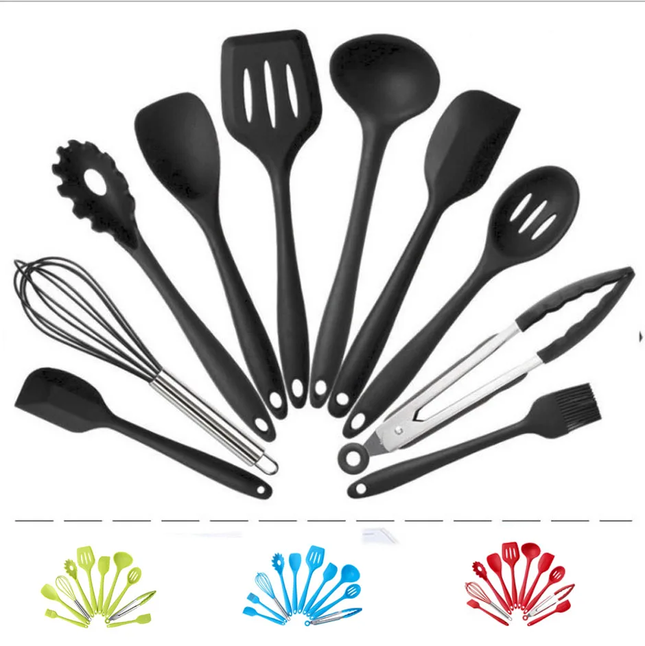 Kitchen Utensils 10pcs Silicone Non-stick Cooking Utensils Set Tool 4 colors Kitchenware Cookware Kitchen brush frying Shovel egg break box