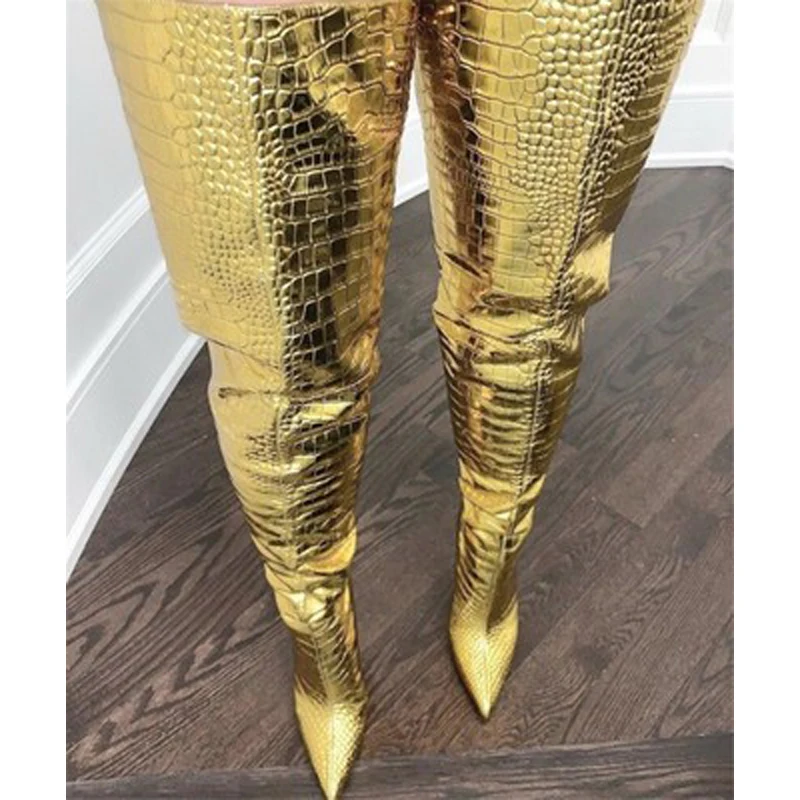 

Siddons Women's Over The Knee Boots Pointed Toe Gold Snake Prints Stiletto High Heels Ladies Wedding Shoes Woman Long High Boots