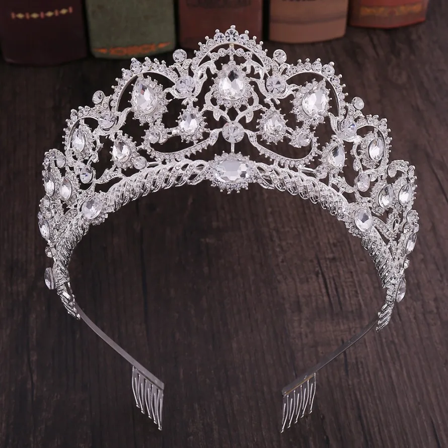 Silver White Comb Роскошная свадебная тиара в стиле барокко, большая корона из горного хрусталя, свадебные аксессуары для волос, диадема, повязка на голову, пышное украшение для причёски - Окраска металла: Silver White Comb