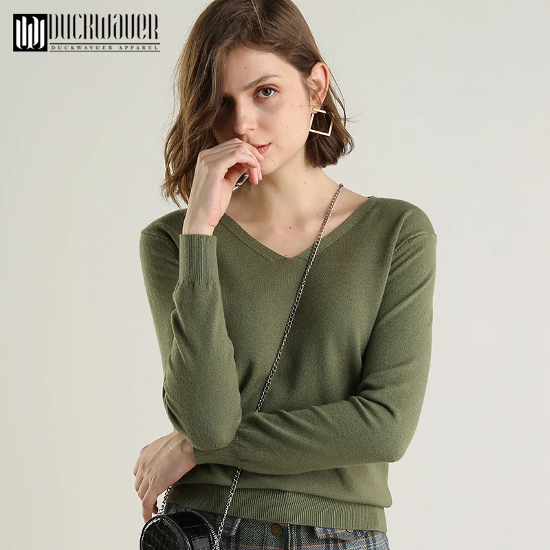 Duckwaver Spring Soft Sweater Women Jumper V Neck Slim Elasticity Knitted Pullover Female Long Sleeve Autumn Basic Knitwear Tops | Женская