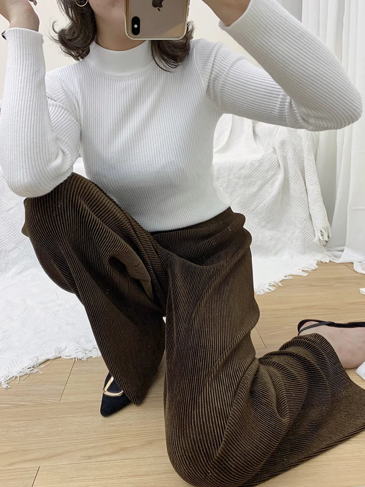 Coffee Miyake плиссированные прямые брюки высококачественный велюр однотонные брюки в английском стиле Осенние новые модные свободные женские брюки с эластичной талией - Цвет: Coffee