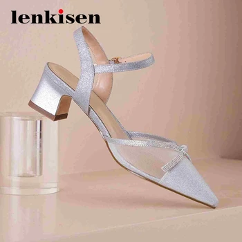 

Lenkisen french romantic butterfly-knot fairy convenient mature pointed toe med square heel buckle straps women summer pumps L10