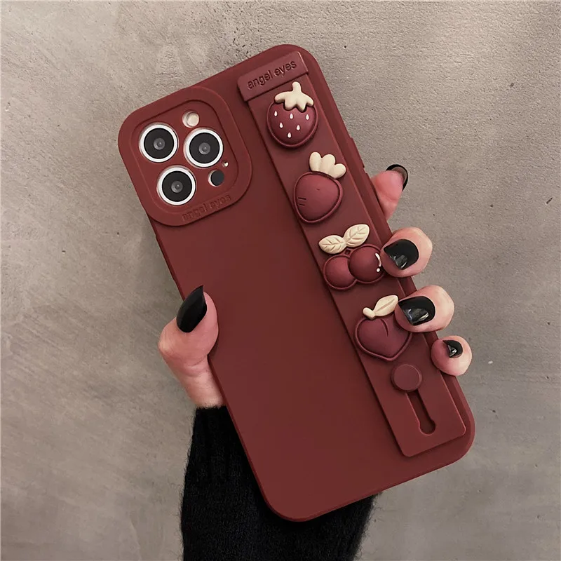 3D винно-красный чехол с ремешком на запястье для iPhone 13 Pro Max 12 11 XR X XS 7 8 Plus SE 2020