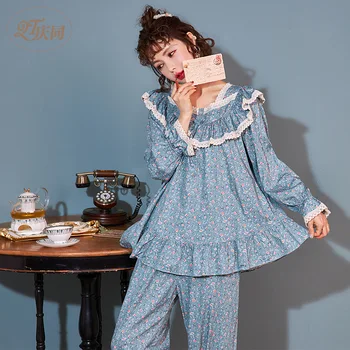 

Female Summer Cotton Long Sleeve Pajamas Sweet Princess Palace Women Pijama Printing Loungewear Sleepwear Home Clothes 2 Piece