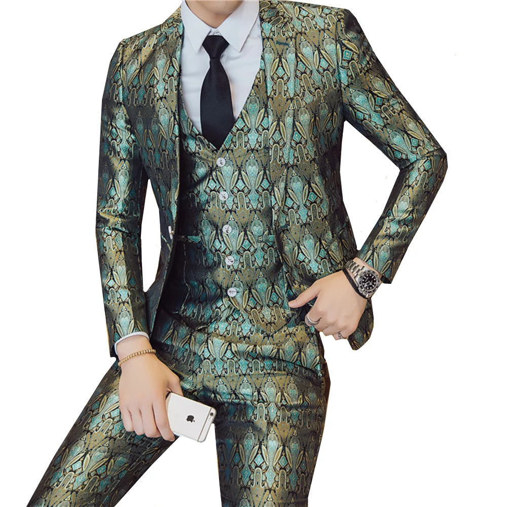 

2019 New Mens Figured 3 Piece Suits Club DJ Singer Outfits Prom Dinner Party Male Tuxedo Performance Jackets Pants with Vest