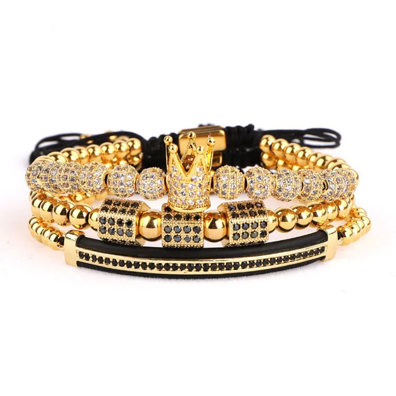 3pc/set Men Luxury CZ Crown Braided Micro Pave Cubic Zirconia Stainless Steel Beads Charm Bracelet Jewelry for Women Men - Image 4
