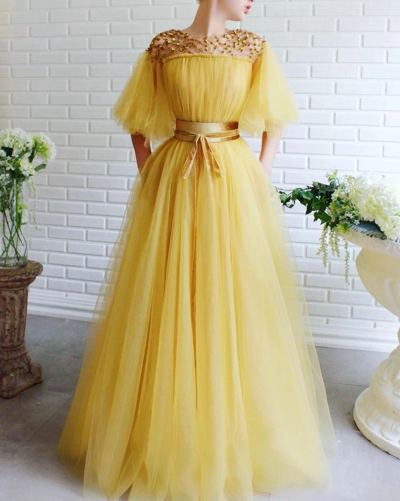 

Gold Moroccan Muslim Evening Dresses A-line Cap Sleeves Tulle Beaded Long Turkey Dubai Saudi Arabia Prom Dress Gown