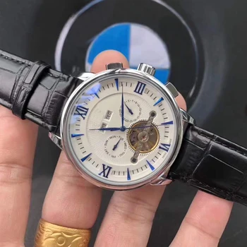 

2020 Skeleton watch men luxury Automatic self-wind silver case white dial Glass open back 1:1 leather strap AAA quality 27