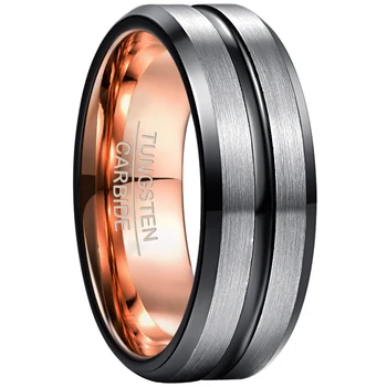

NUNCAD 8mm Tungsten Carbide Ring Electroplated RoseGold Inner Ring+ Black Bevel Groove/steel Frosted Surface Tungsten Steel Ring