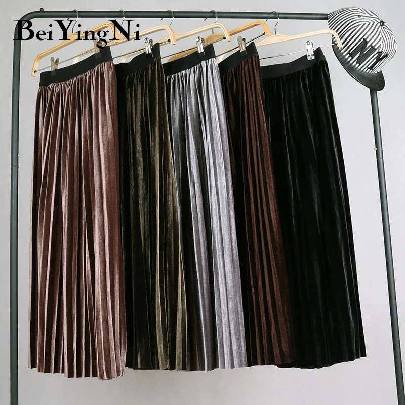 Beiyingni юбка для женщин Винтаж Осень Зима Pleuche корейский плиссированные длинные миди юбки для женщин s Высокая талия теплые Saias Femme Faldas