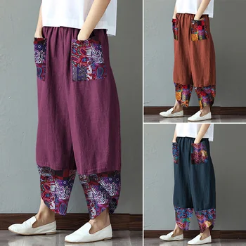 

Womens Stiching Trousers ZANZEA 2020 Kaftan Wide Leg Pants Casual Print Long Pantalon Palazzo Female Summer Turnip Plus Size