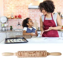 35cm Christmas Rolling Pin Engraved Carved Wood Embossed Elk Snowflake Reindeer Snowman Pattern Rolling Pin Kitchen Tool HotF927