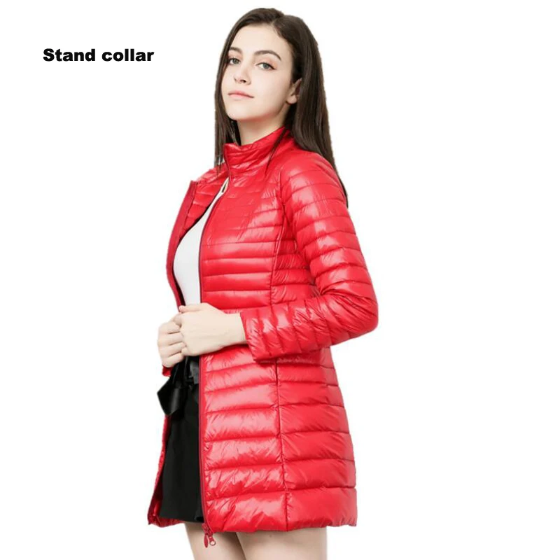 stand collar red Женский пуховик, брендовая новинка, зимние теплые куртки, женский длинный светильник, пуховик на белом утином пуху, 5XL, 6XL, 7XL, ультра-светильник, пальто с капюшоном - Цвет: stand collar red