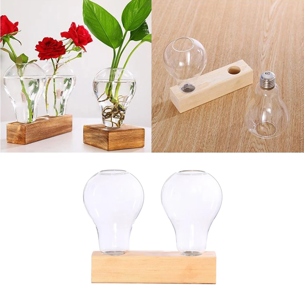 Hydroponic Plant Vase Desktop Glass Wooden Stand Plant Holder for Office Home